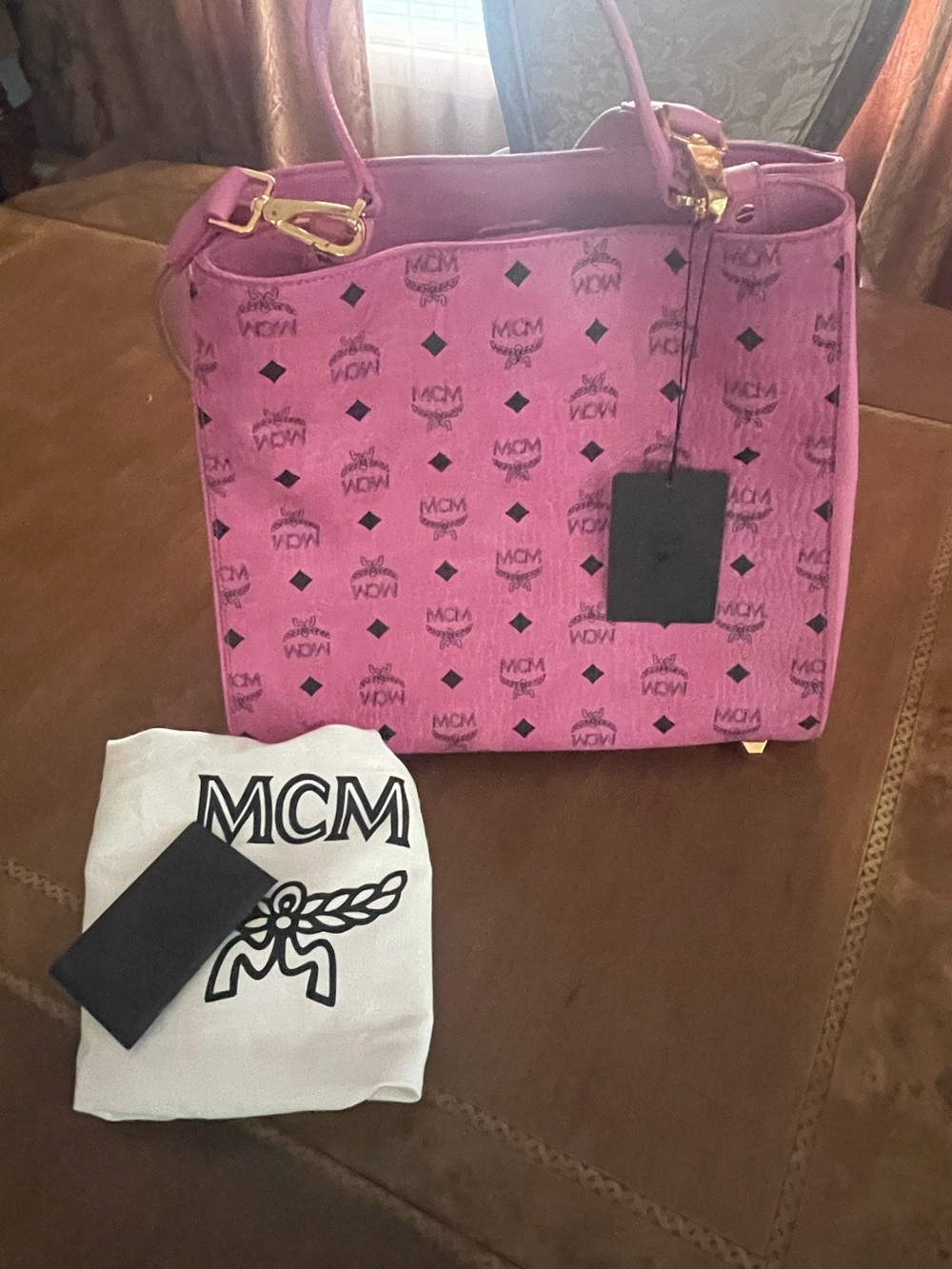 MCM Pink Visetos Signature Satchel with Gold Hardware - Picture 3 of 16